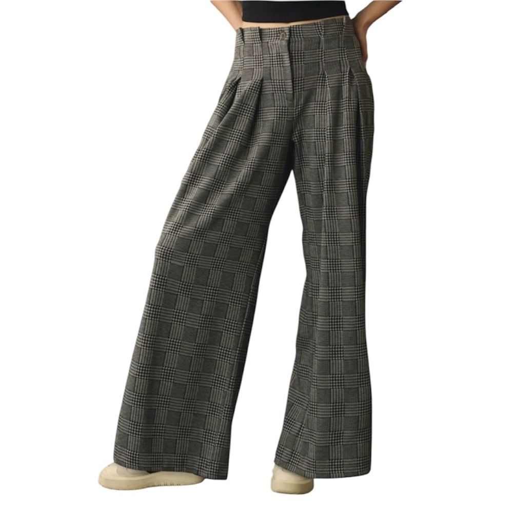 Maeve Anthropologie Gray Grey Houndstooth Plaid Wide Leg Trouser Pants Size 14